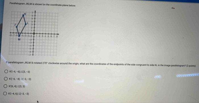 Parallelogram jklm is shown on the coordinate plane below