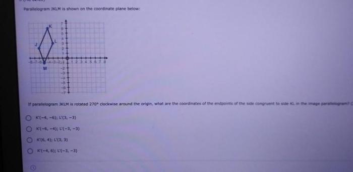 Parallelogram jklm is shown on the coordinate plane below