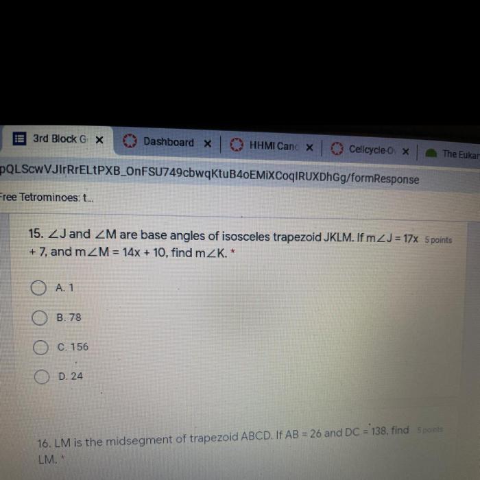 An isosceles trapezoid jklm with a height of 2